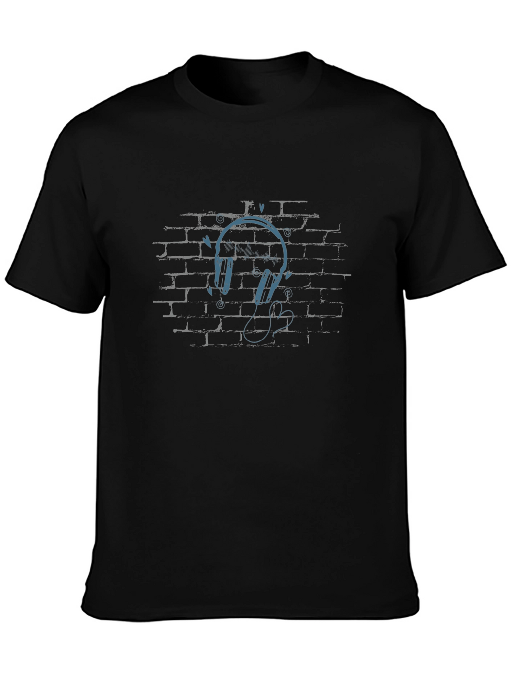Urban Vibe Black T-Shirt with Headphones on Brick Wall
