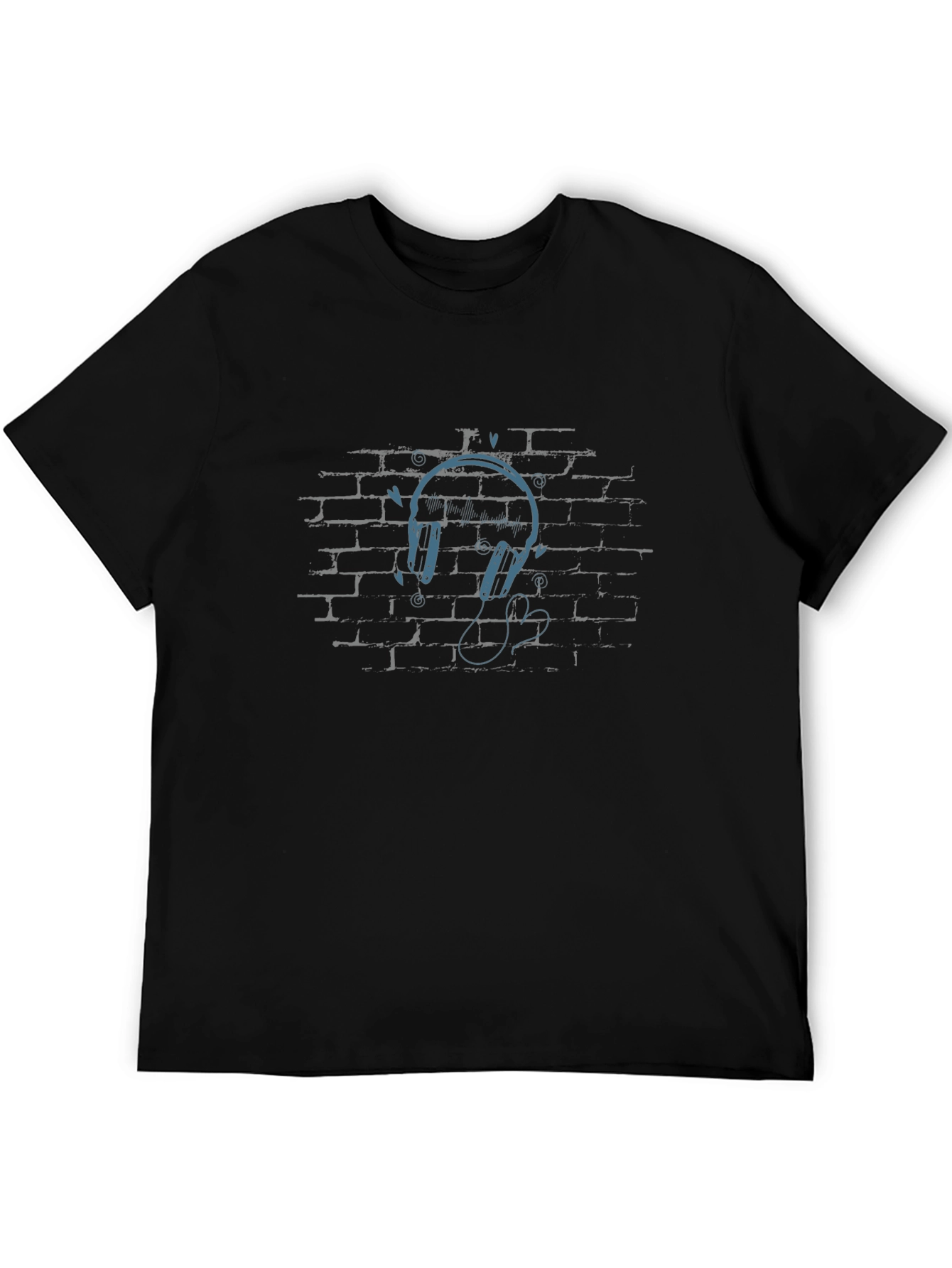 Urban Vibe Black T-Shirt with Headphones on Brick Wall