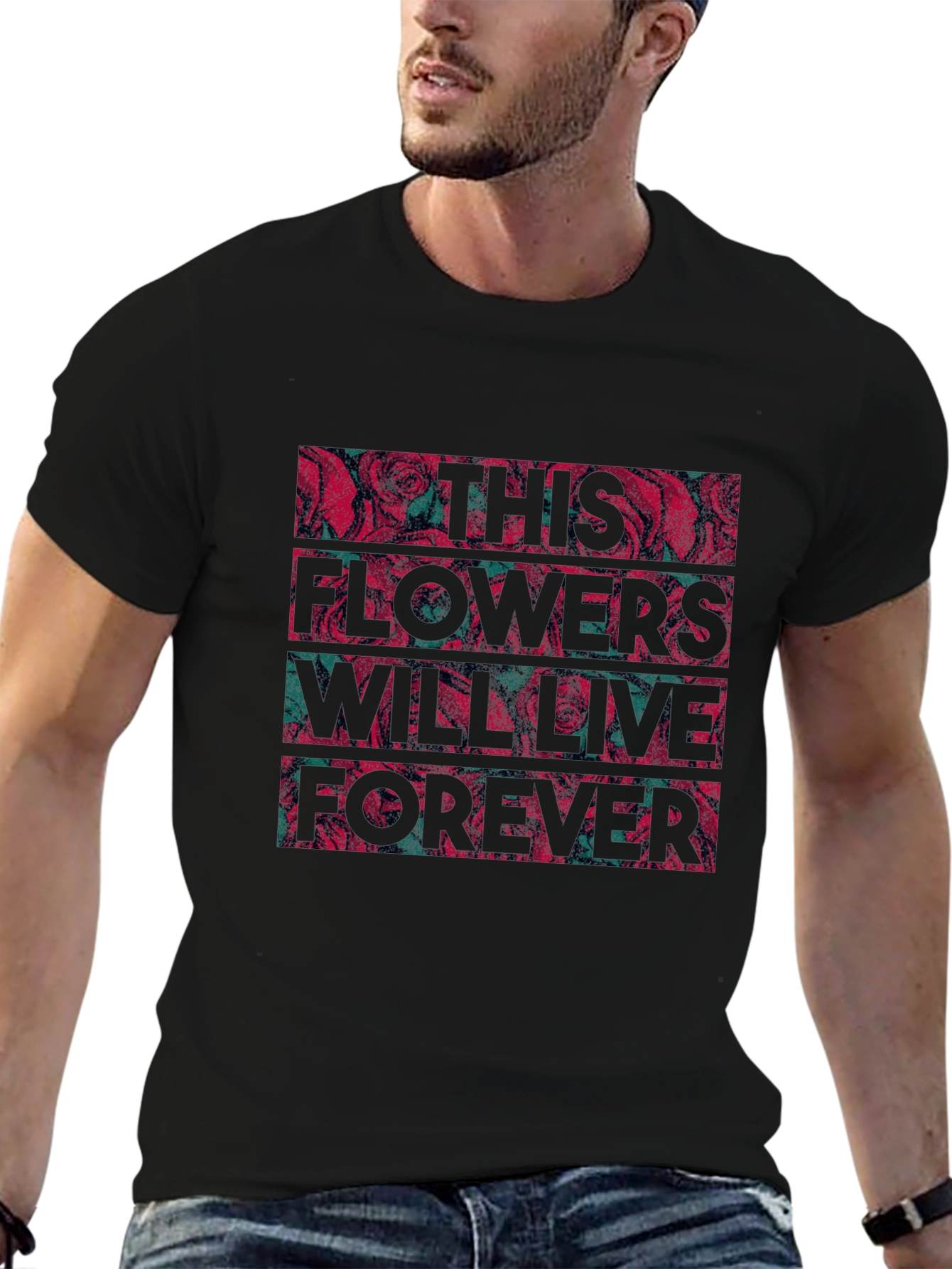 Floral Typography Graphic Print Black T-shirt