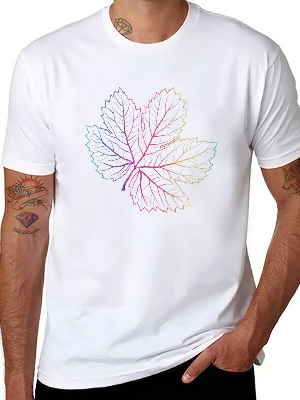Rainbow Leaf Graphic Print Black T-Shirt
