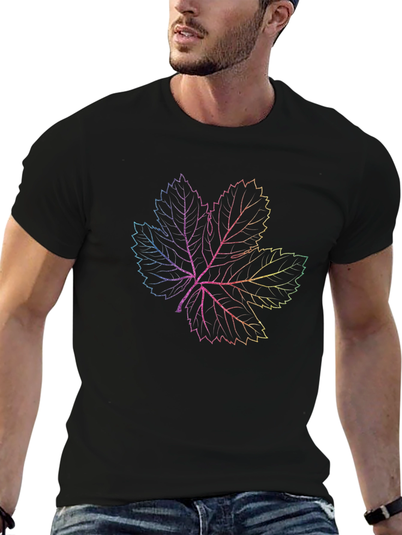 Rainbow Leaf Graphic Print Black T-Shirt