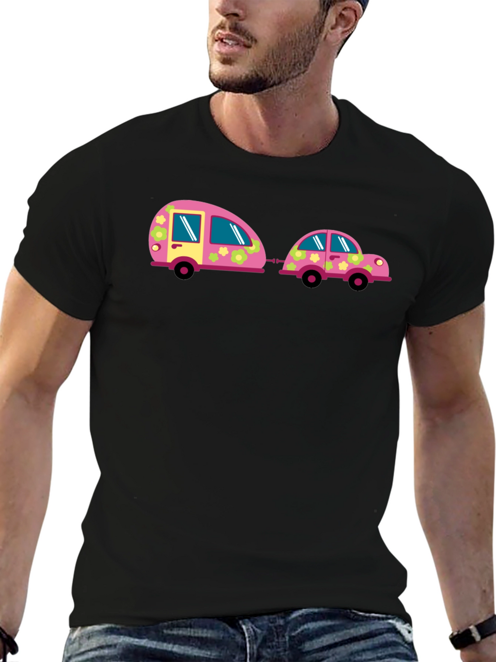 Funky Car and Camper Black T-Shirt