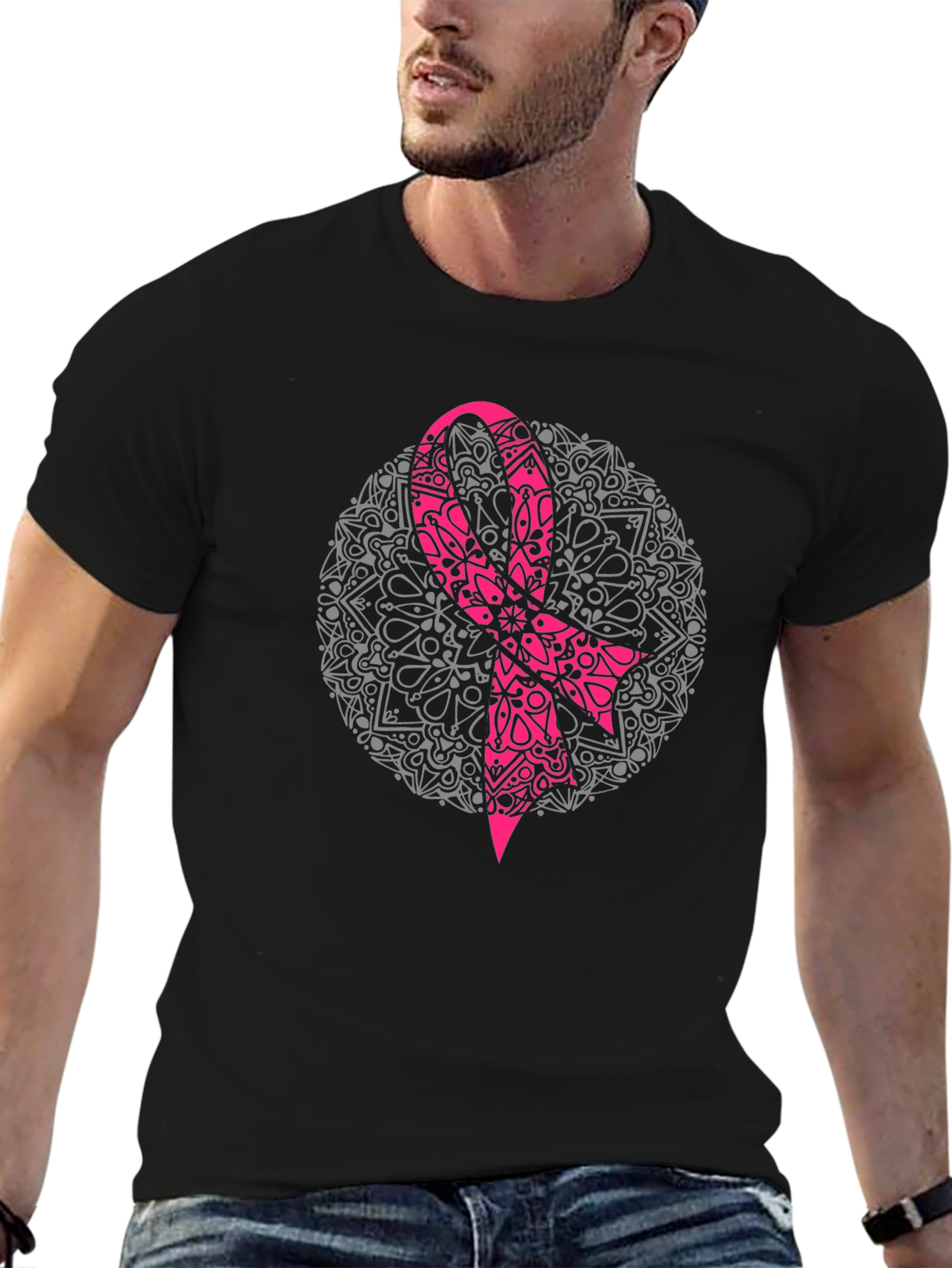 Pink Ribbon Mandala Black T-Shirt