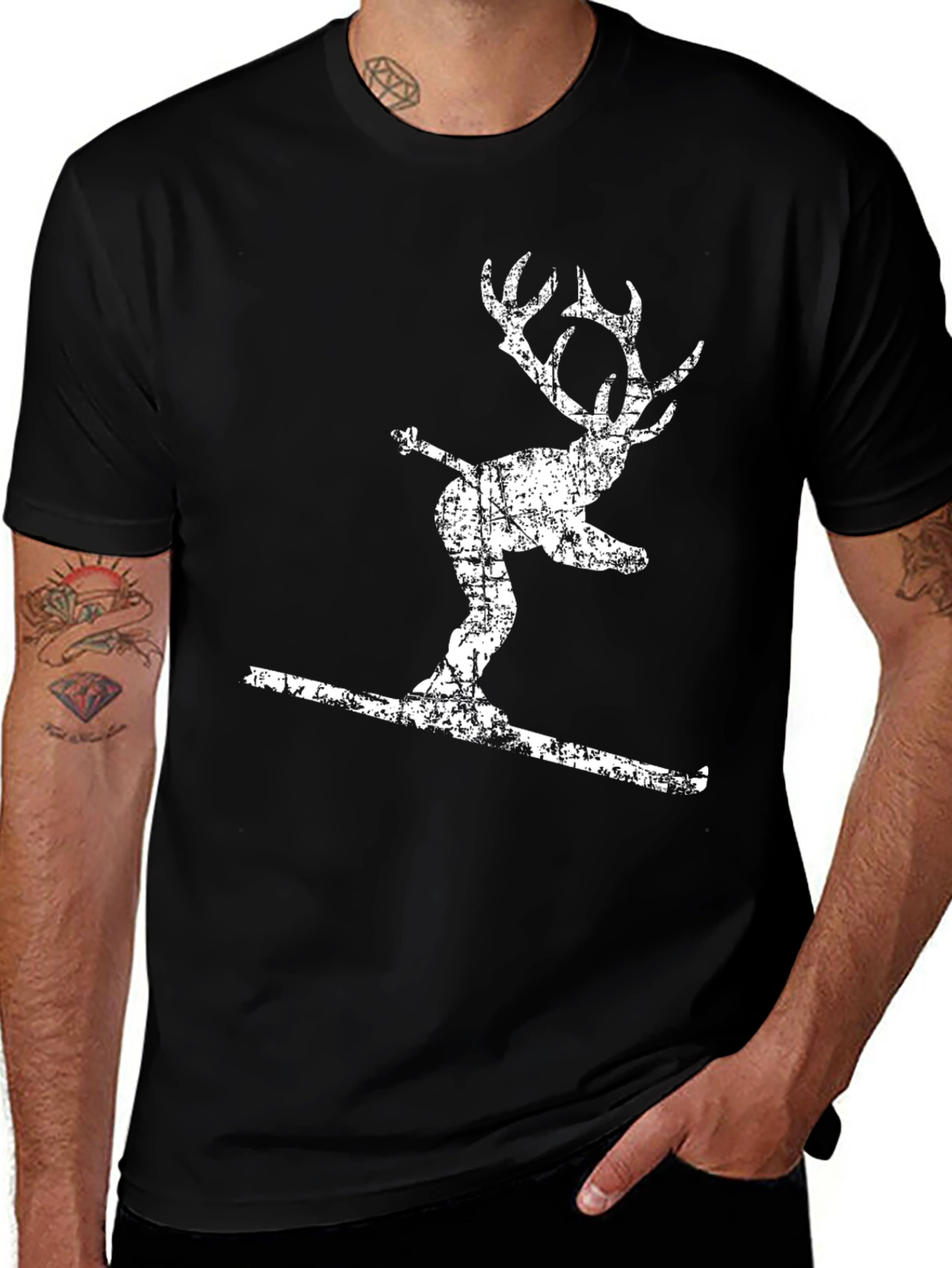Skiing Reindeer Graphic Tee - Black