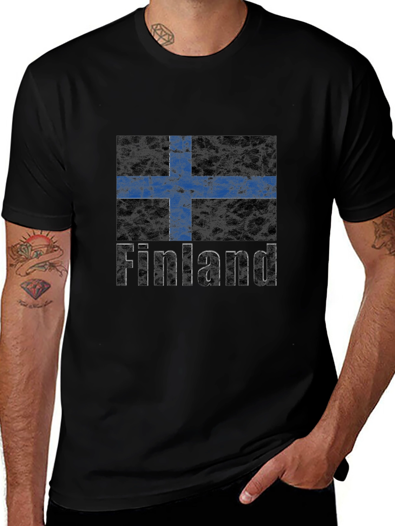 Finland Flag Graphic Print Black T-Shirt