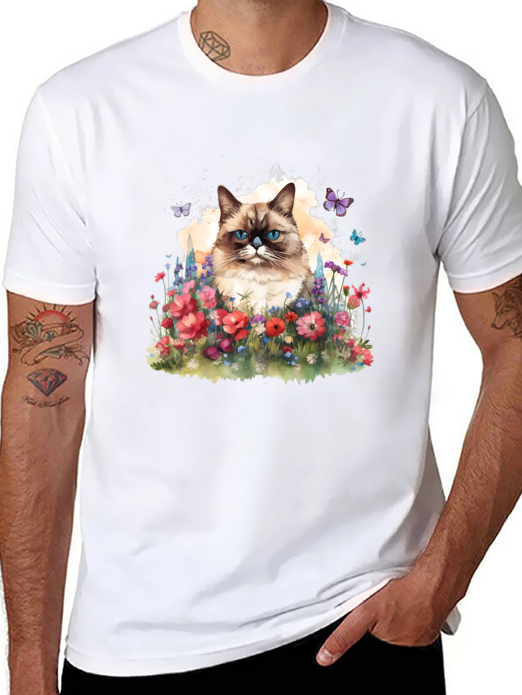 Cat & Flowers Graphic Tee - Mens Black T-Shirt