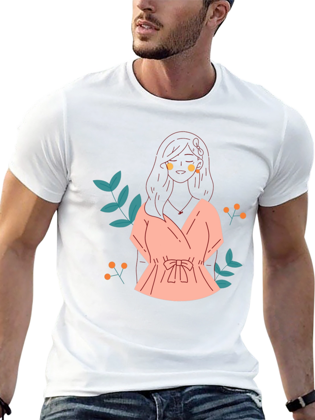 Black T-Shirt with Girl in Pink Dress Graphic Print