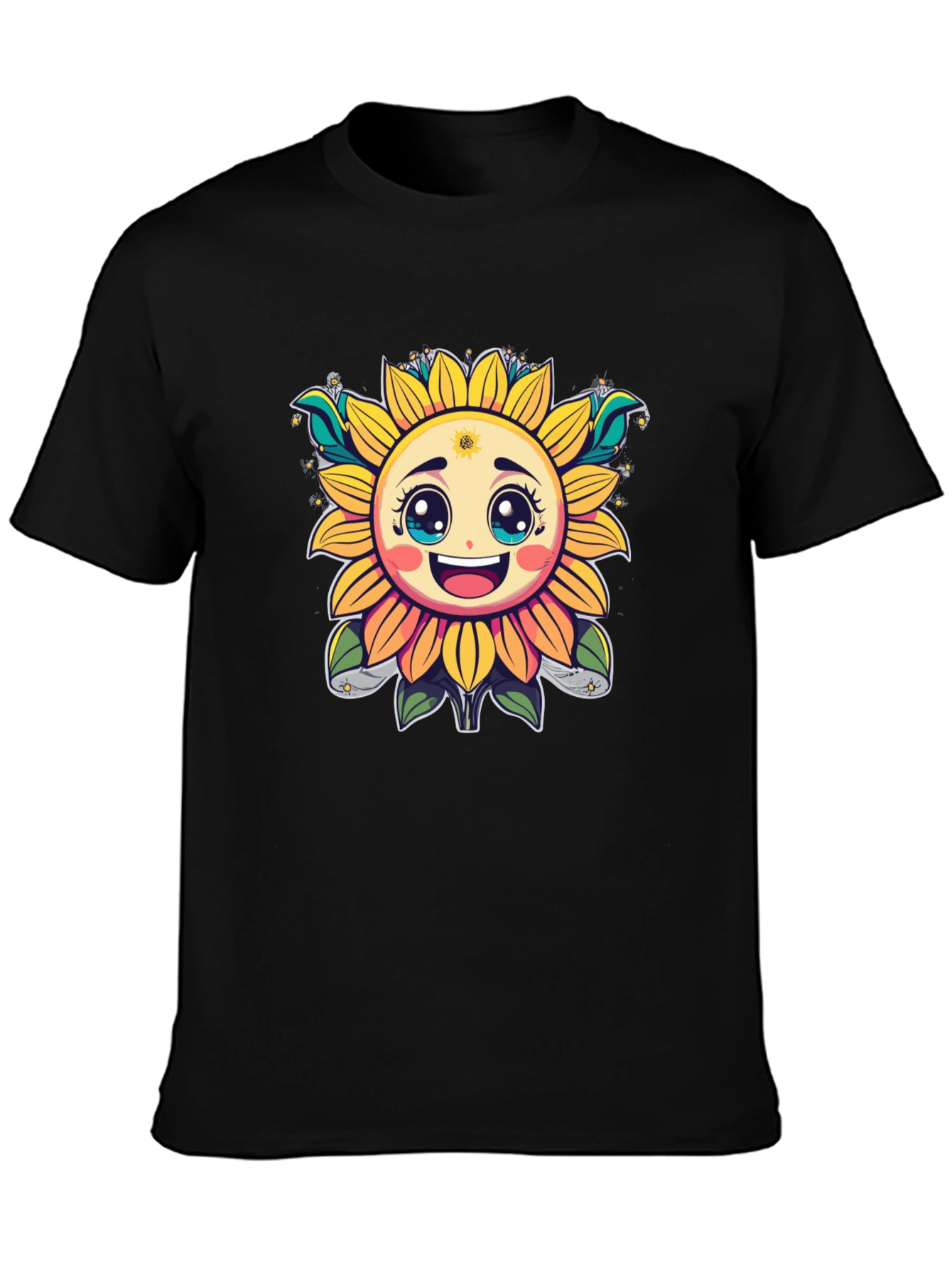 Happy Sunflower Graphic T-Shirt - Cheerful Black Tee