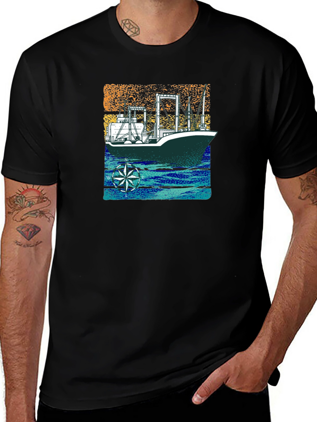 Nautical Vessel Graphic T-Shirt - Black