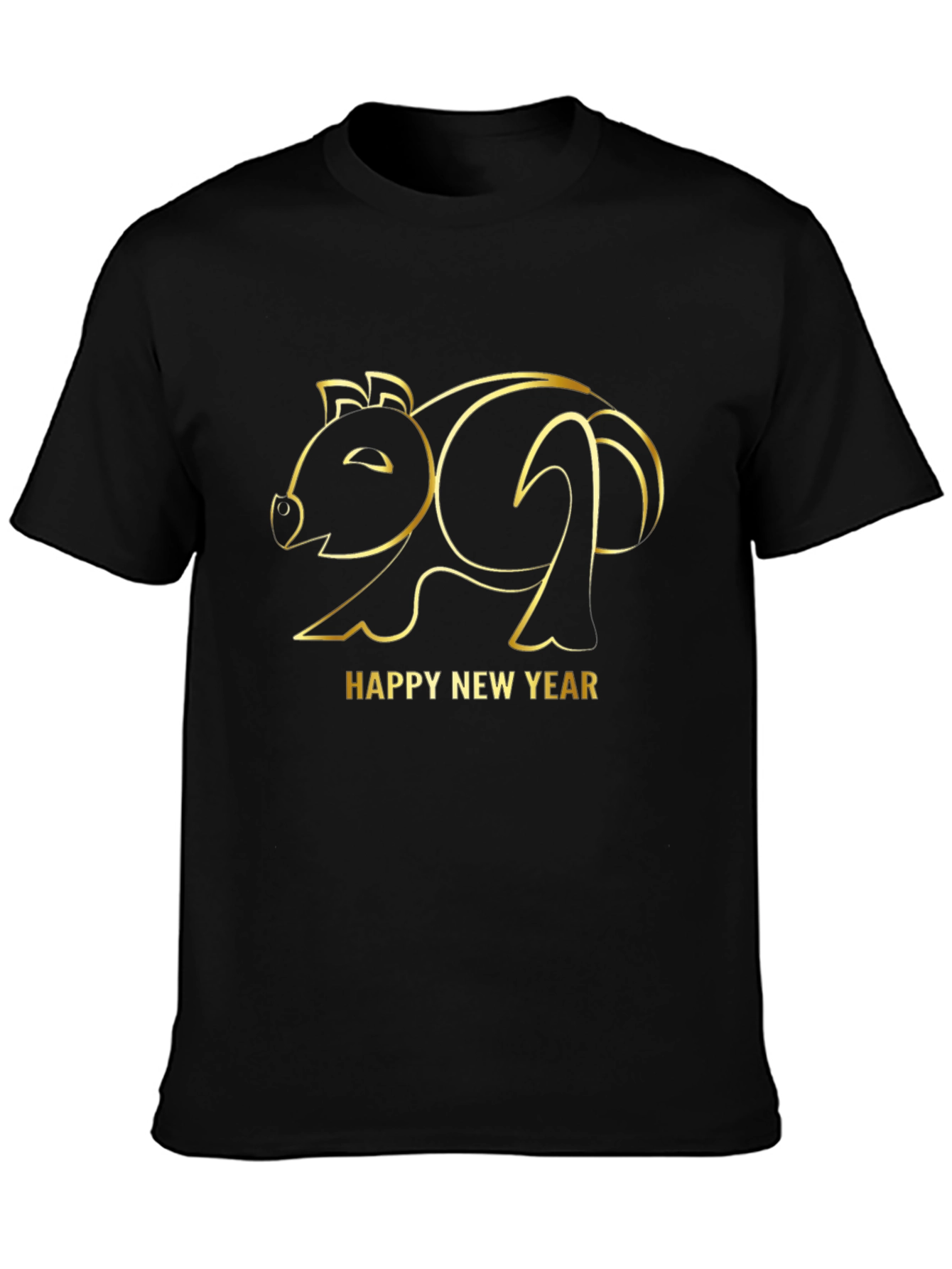 Happy New Year Pig Outline Black T-Shirt