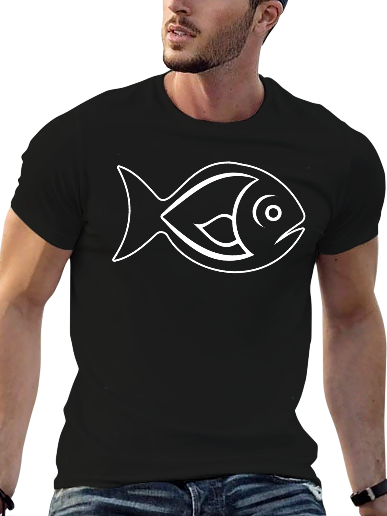 Black T-Shirt with Fish Outline Graphic