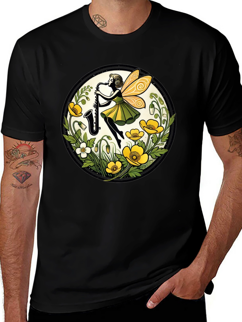 Fairy Sax Player Graphic Tee - Whimsical Black T-Shirt
