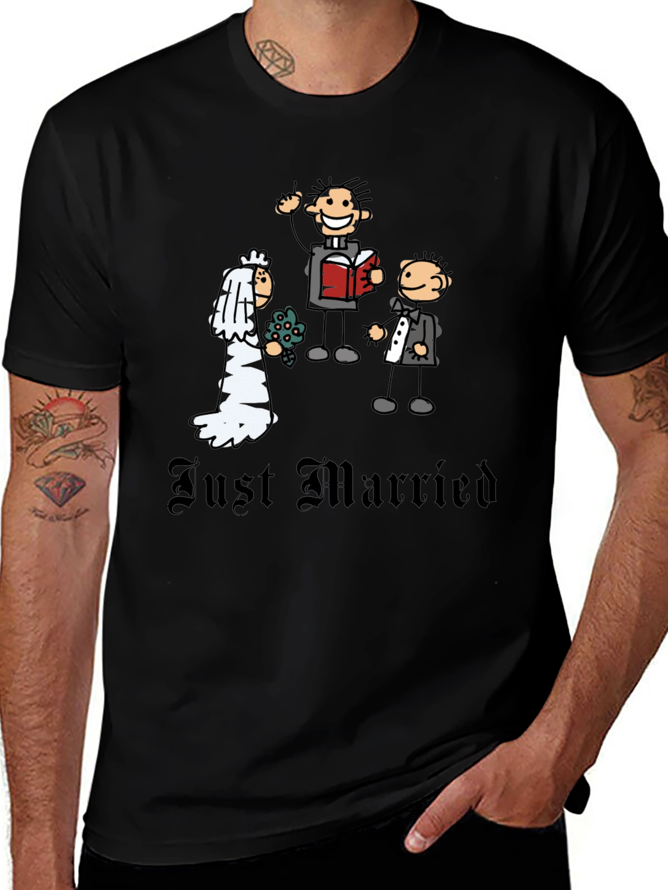 Just Married Cartoon Graphic T-Shirt - Novelty Wedding Tee
