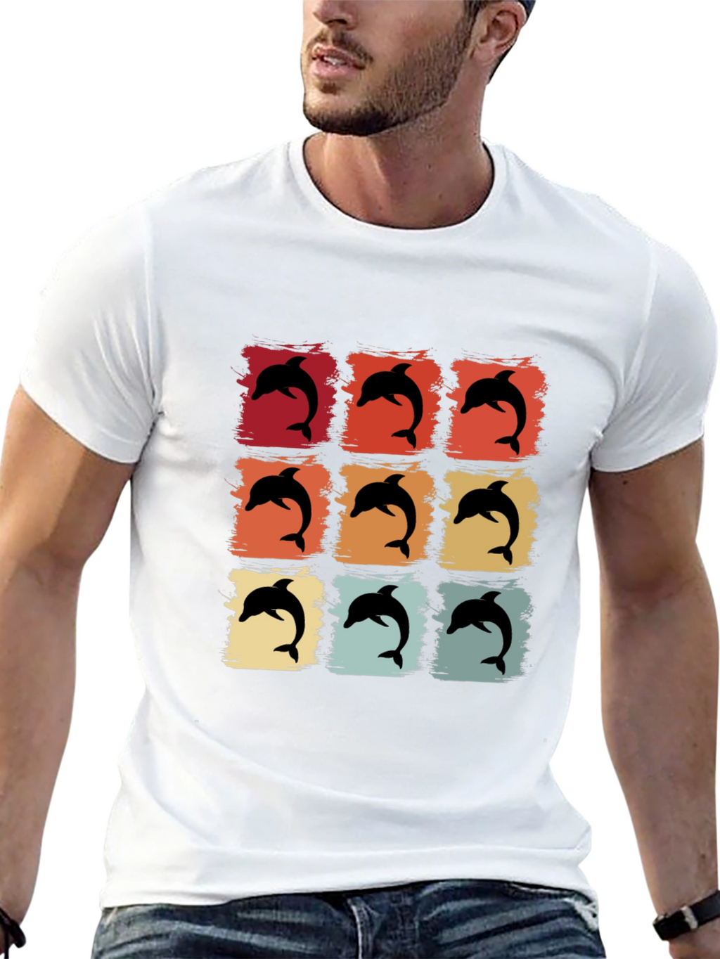 Retro Dolphin Graphic Print Crew Neck Tee