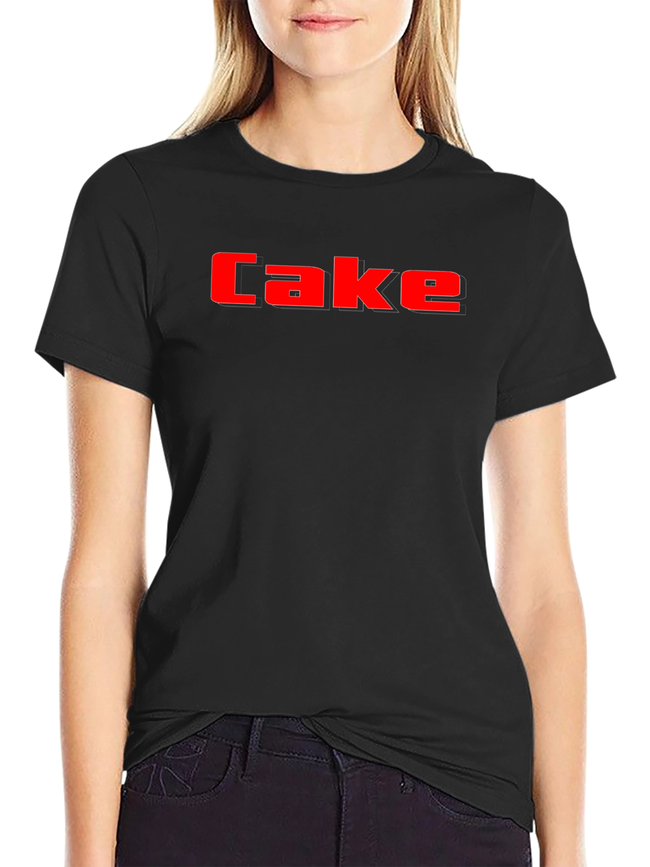 Cake Graphic Tee - Bold Red Lettering on Black