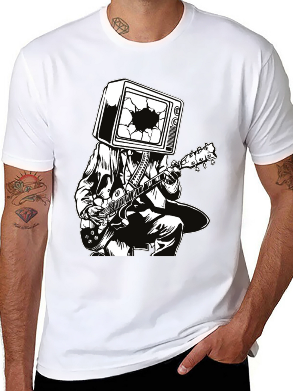 Guitar Man with TV Head Graphic T-Shirt