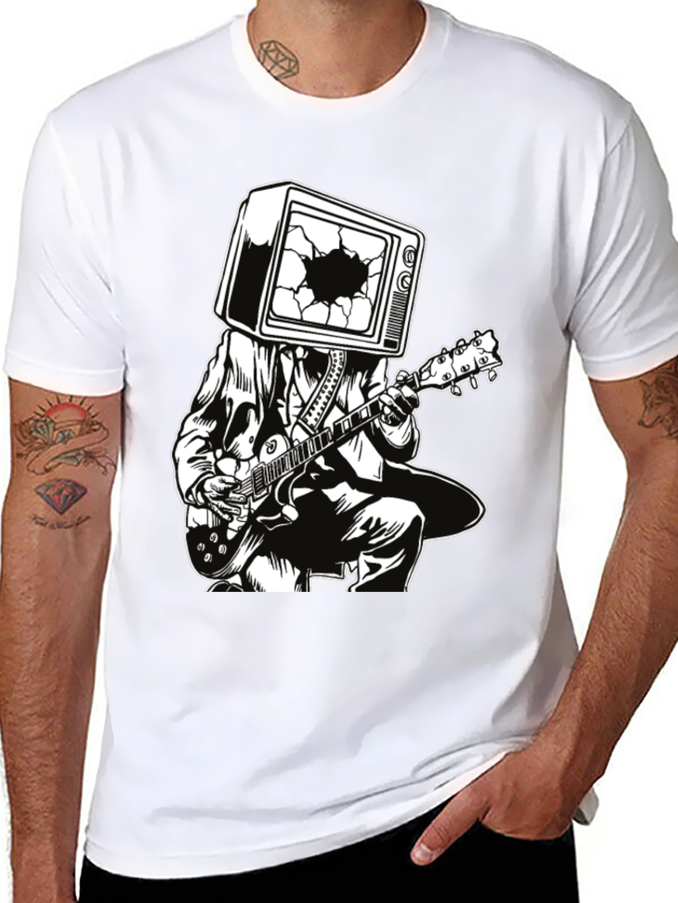 Guitar Man with TV Head Graphic T-Shirt