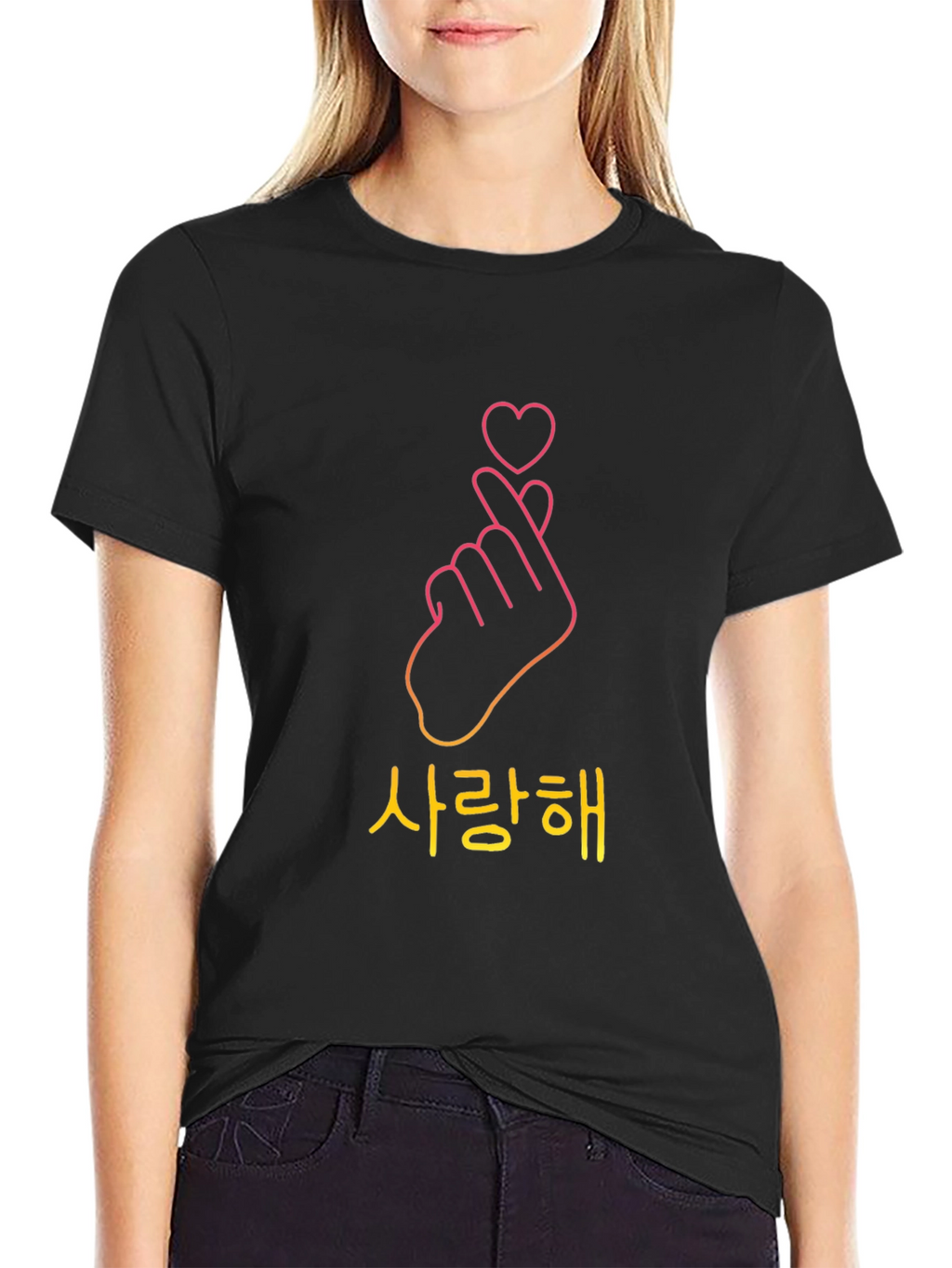 Korean Finger Heart Black T-Shirt