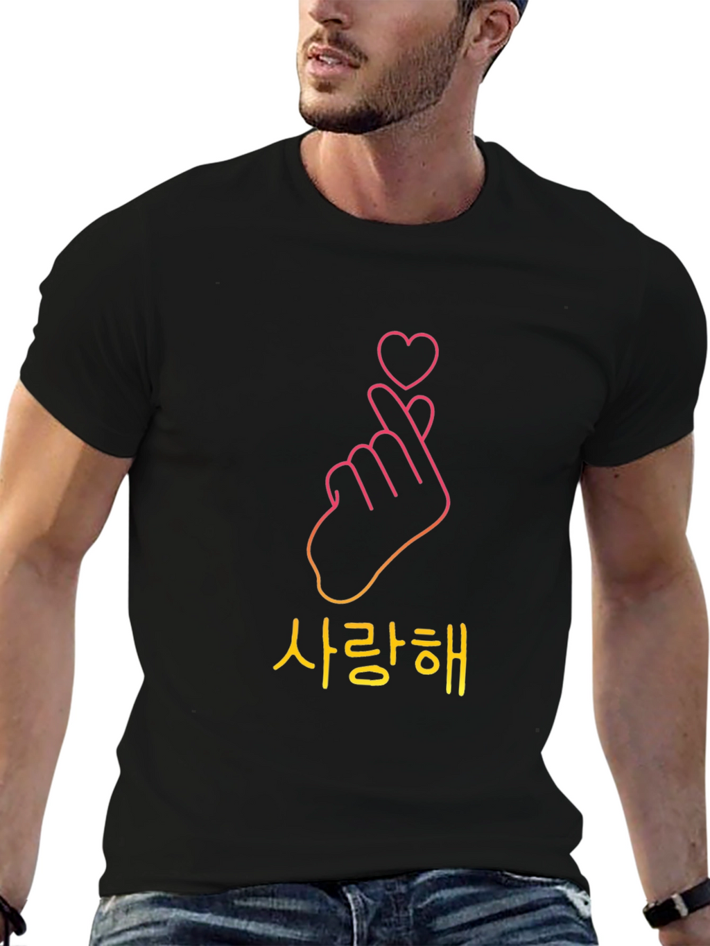 Korean Finger Heart Black T-Shirt
