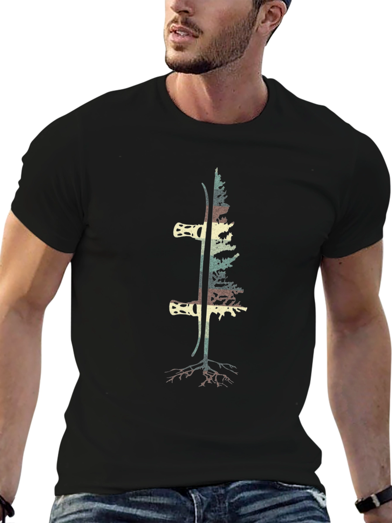 Ski & Tree Graphic Tee - Black Cotton Blend