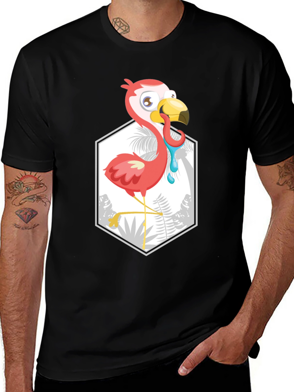 Cartoon Flamingo Black T-Shirt
