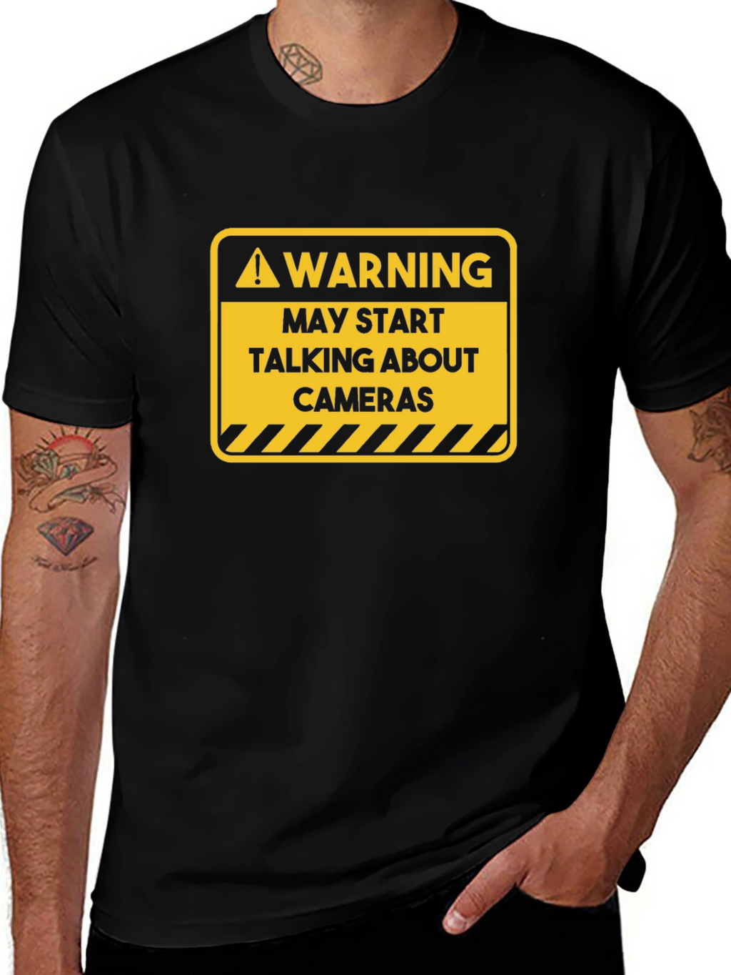 Warning May Start Talking About Cameras Black T-Shirt