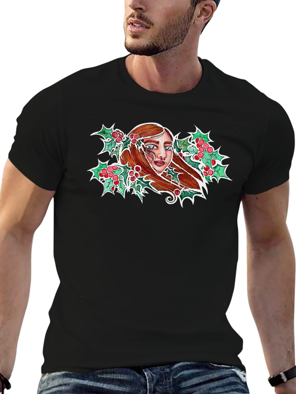 Festive Holly Woman Graphic Tee - Black