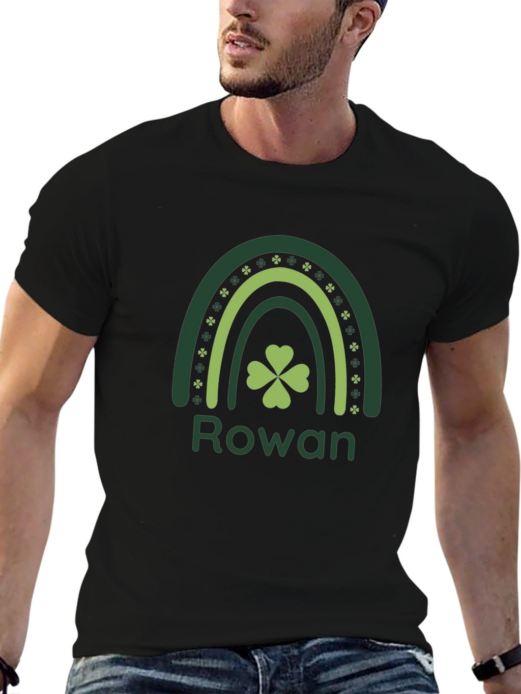 Rowan St. Patricks Day Shamrock Rainbow Black T-Shirt